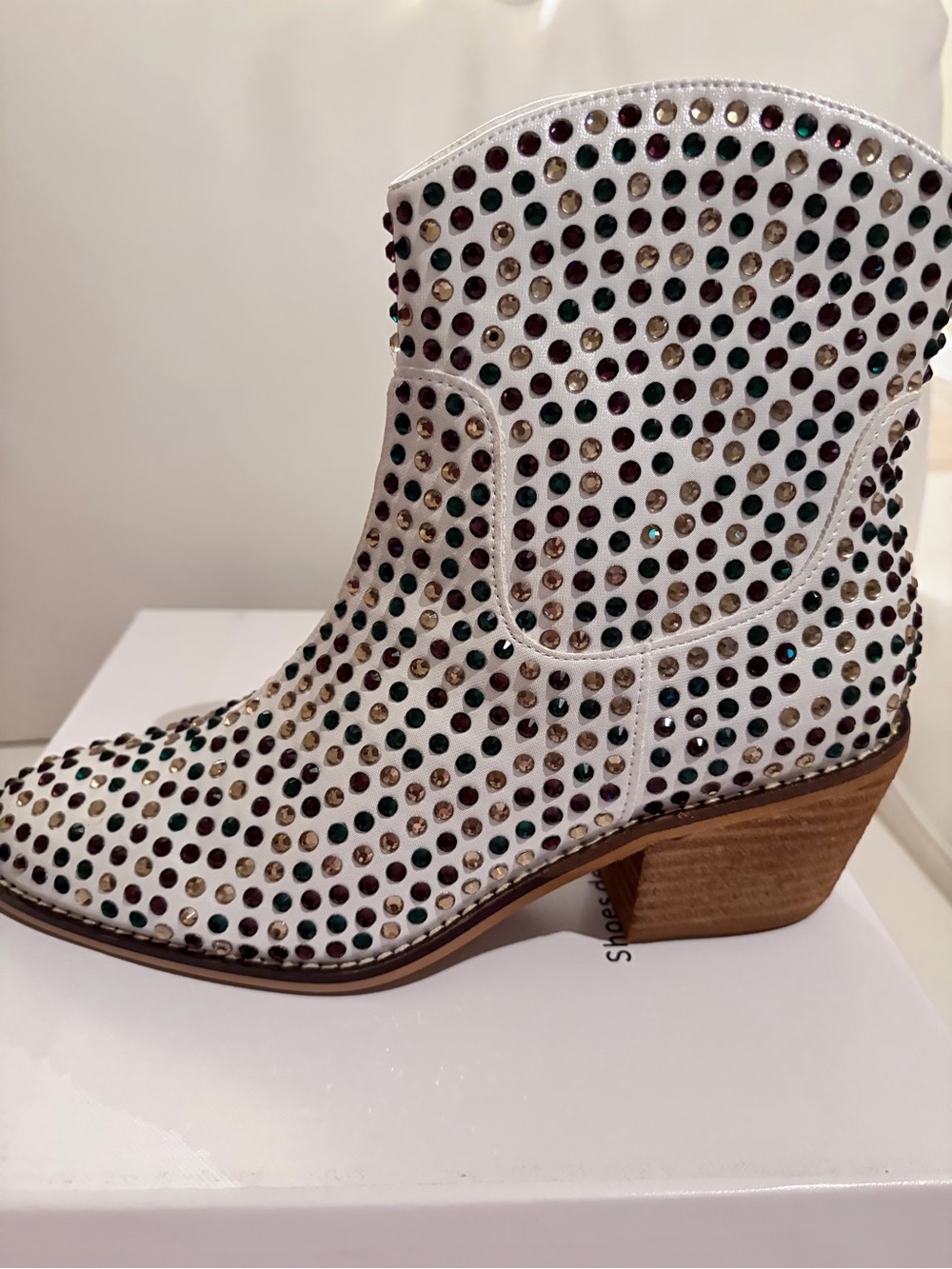 De Blossom Collection White Studded Western Bootie with Multicolor Gems